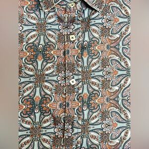 Cotton Reel Paisley Button Up Short Sleeve Polo w/Square Buttons (Size: Large)
